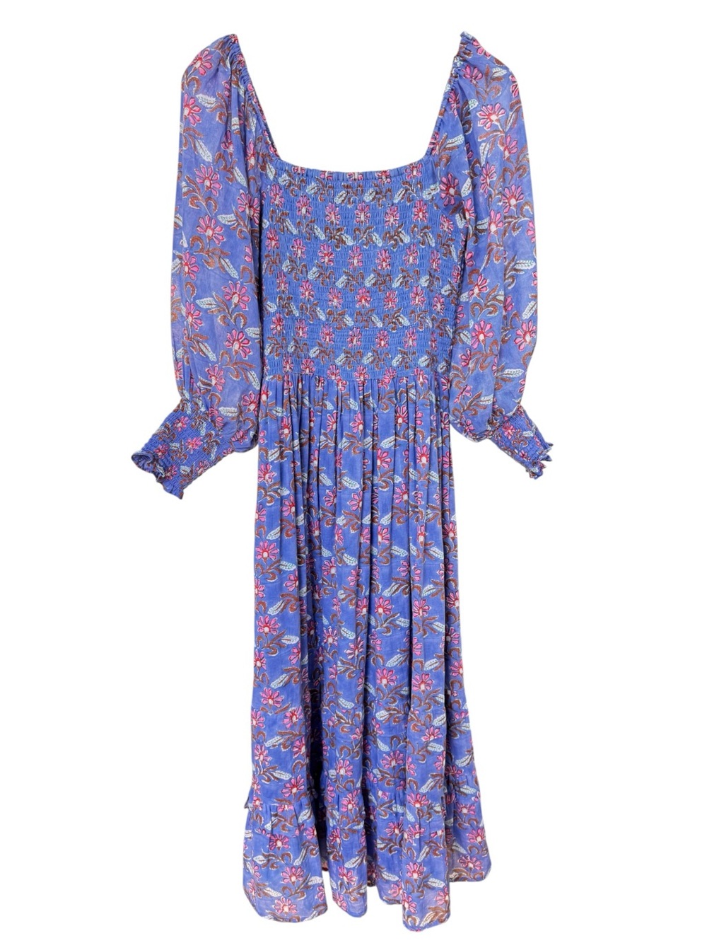 Oliphant Floral Midi Dress Smocked Puff Sleeve Blue Block Print Square-Neck NWOT